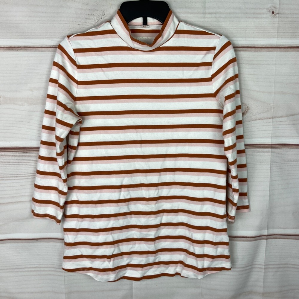 Lands End Top Women M Multicolor Mock Neck Stripe T-Shirt 3/4 Sleeve Cotton Knit